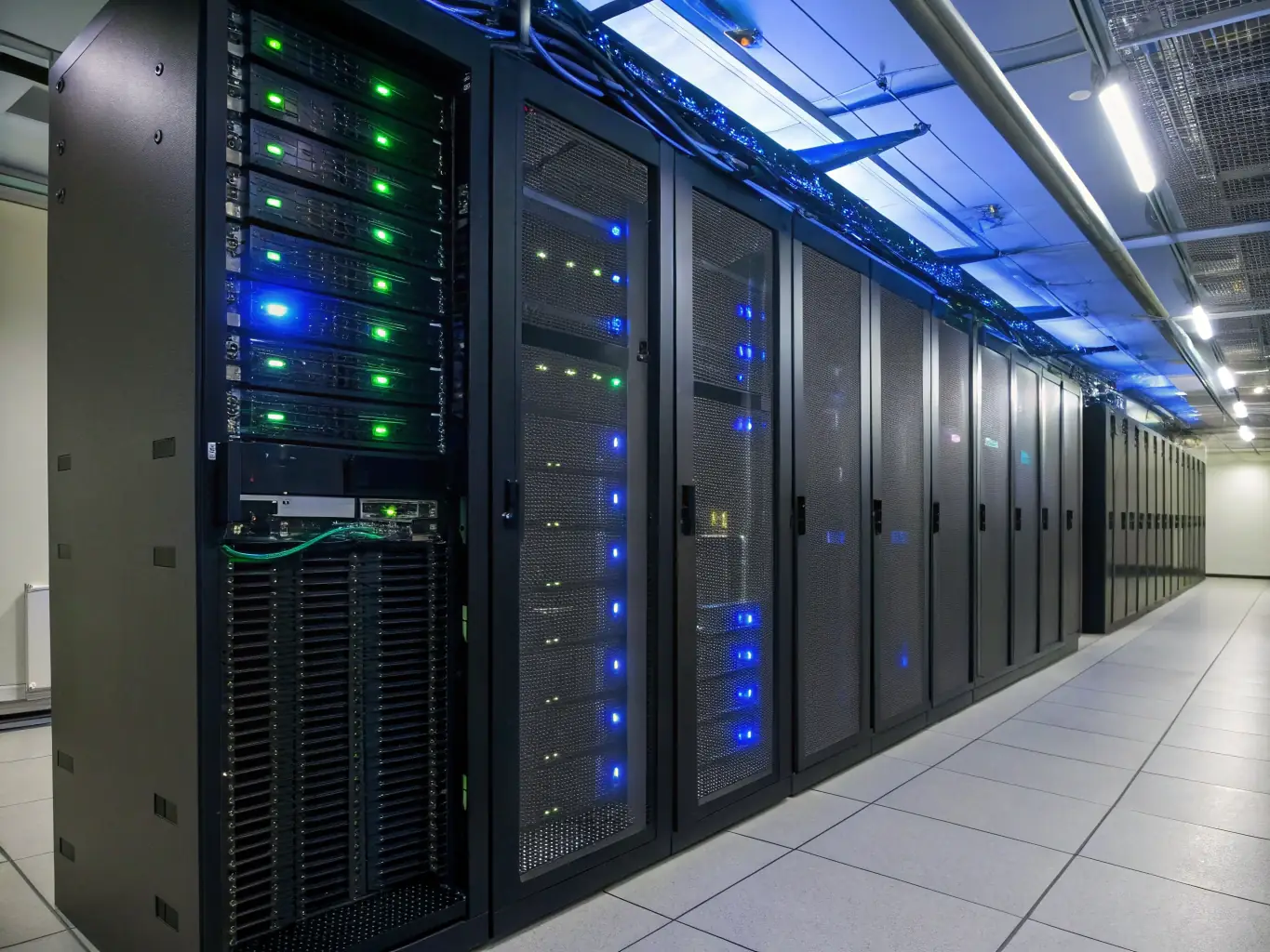 An image showcasing a modern data center environment with technicians working on server racks, highlighting DataTel 360's expertise in IT infrastructure.