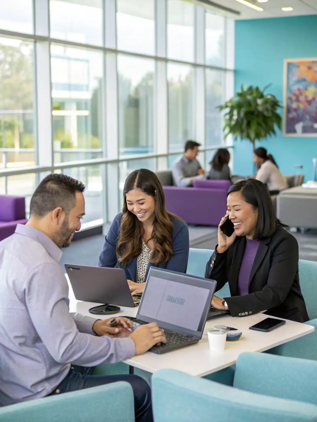A modern office environment with employees using VoIP phones, showcasing the clarity and efficiency of cloud-based communication.