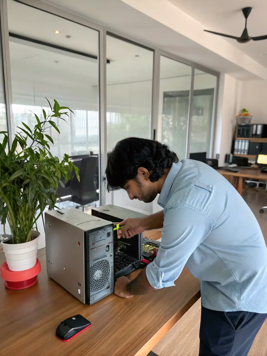 A technician providing onsite IT support at a corporate office, resolving a hardware issue on a desktop computer.