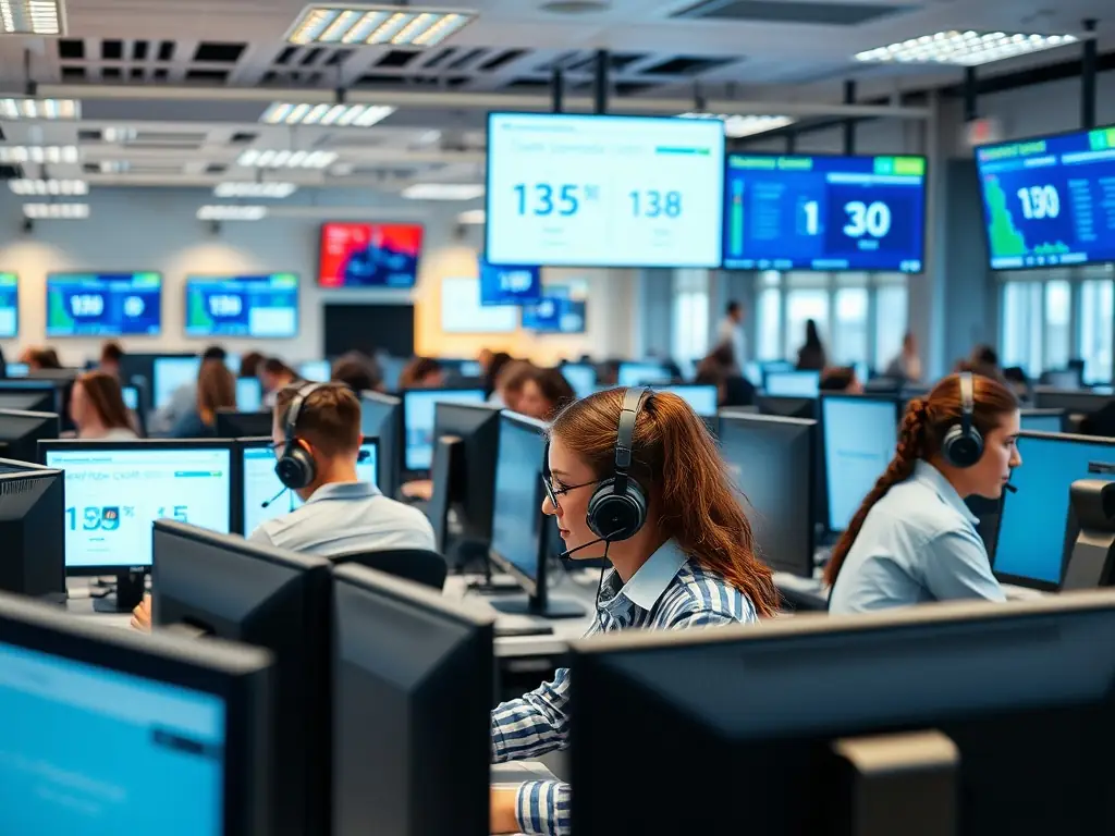 An image showing a 24/7 support team in a modern call center environment, emphasizing DataTel 360's commitment to round-the-clock assistance.