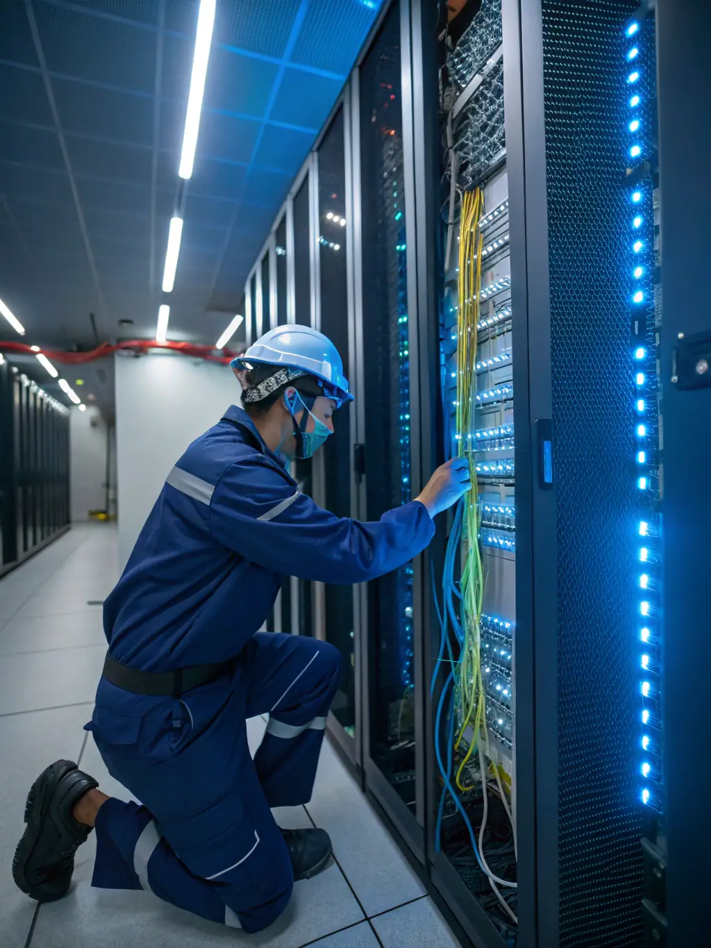 A technician installing structured cabling in a server room, ensuring organized and efficient network infrastructure for a business.