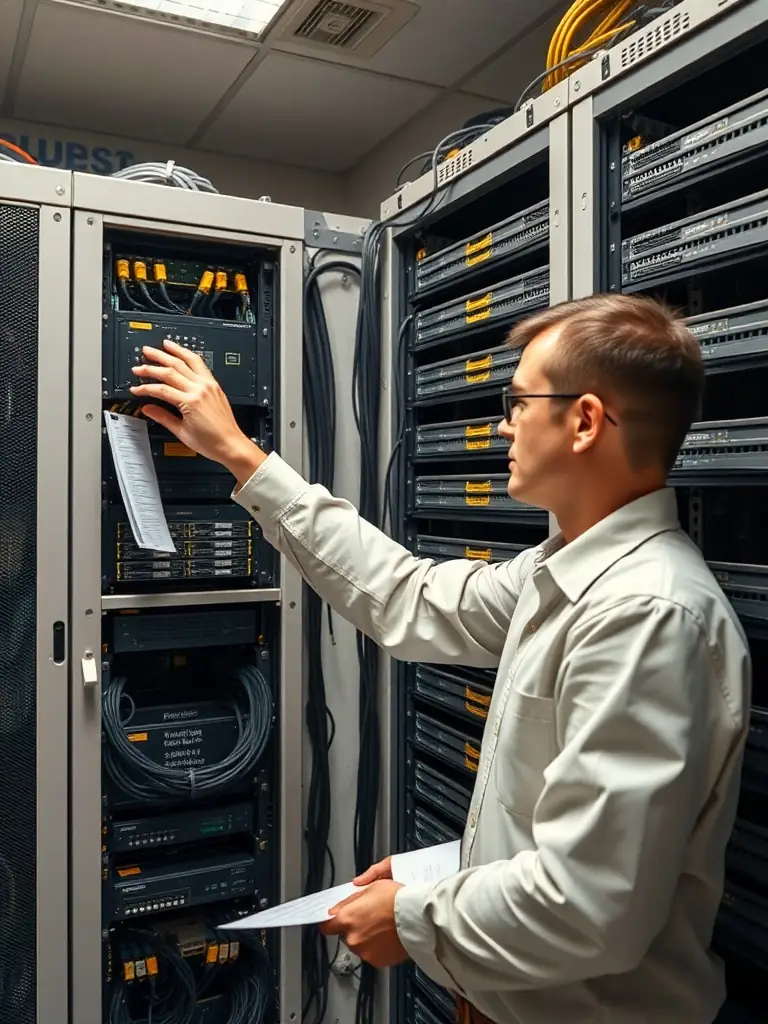 A dedicated MDF room with organized racks and technicians installing equipment, emphasizing DataTel 360 Tech's expertise in building and configuring MDF/IDF rooms.