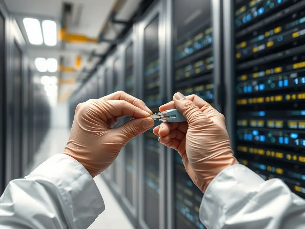 A close-up shot of a fiber optic cable being spliced with precision in a well-lit data center environment.