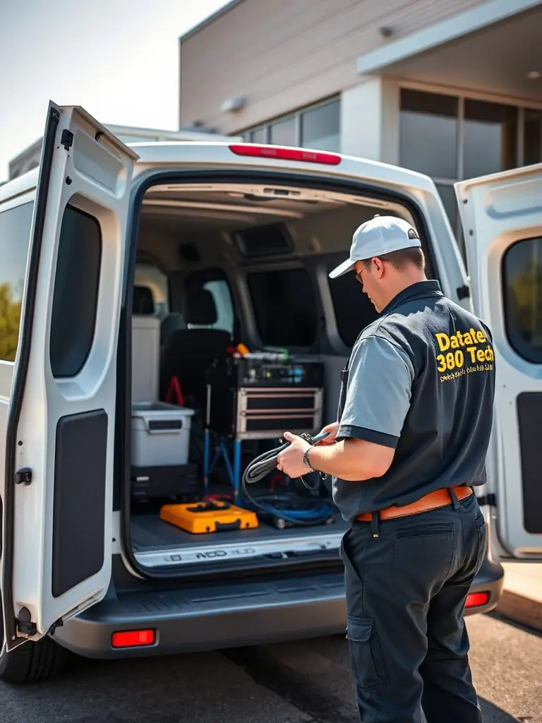 A photograph depicting a DataTel 360 Tech van arriving at a client's site, with a technician quickly unloading equipment, illustrating their rapid response capability.