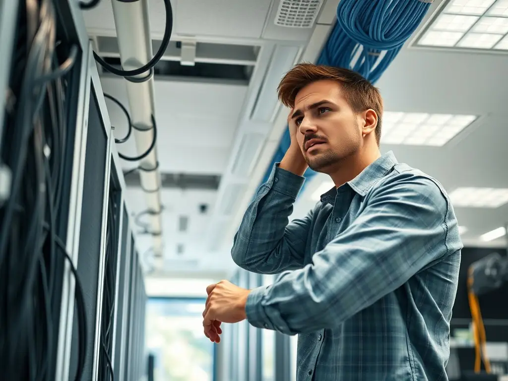 A detailed shot of a technician meticulously installing structured cabling in a modern office environment, showcasing clean cable management and organization.