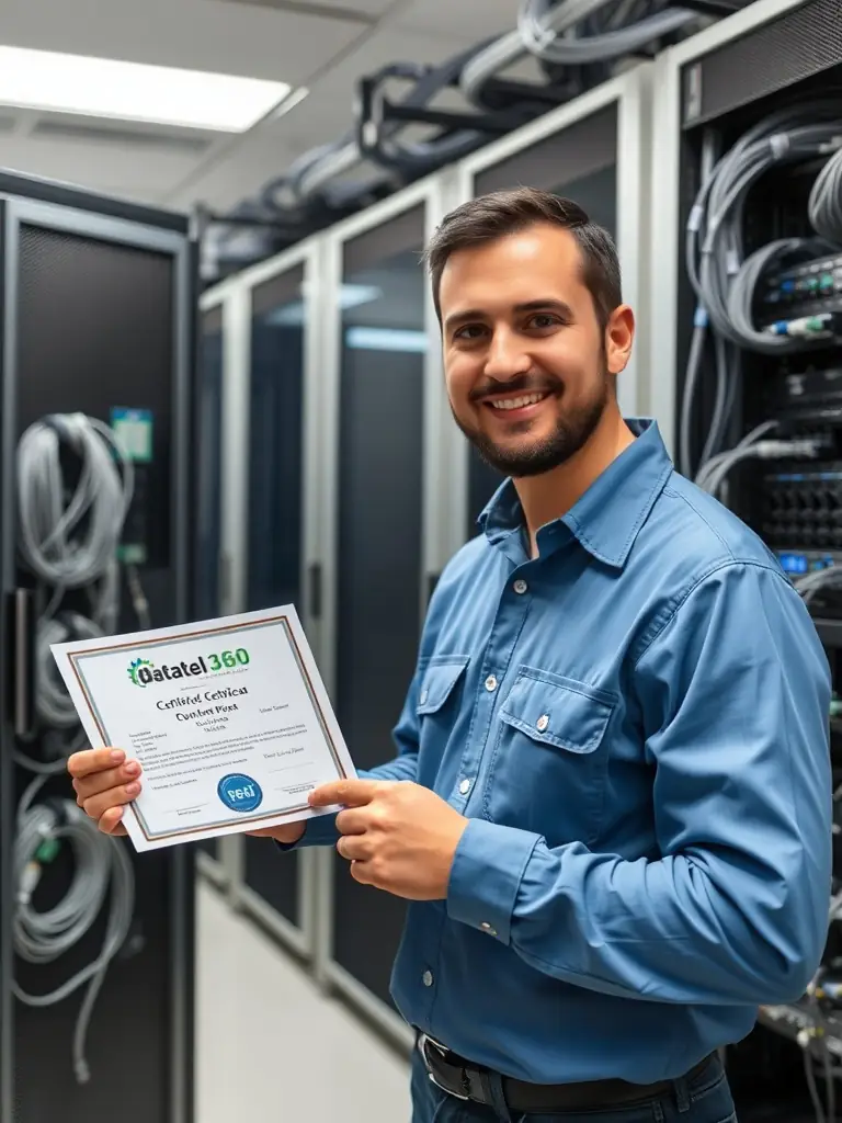 A photograph of a DataTel 360 Tech technician holding a certification document while installing cabling in a server room, emphasizing their commitment to certified systems.