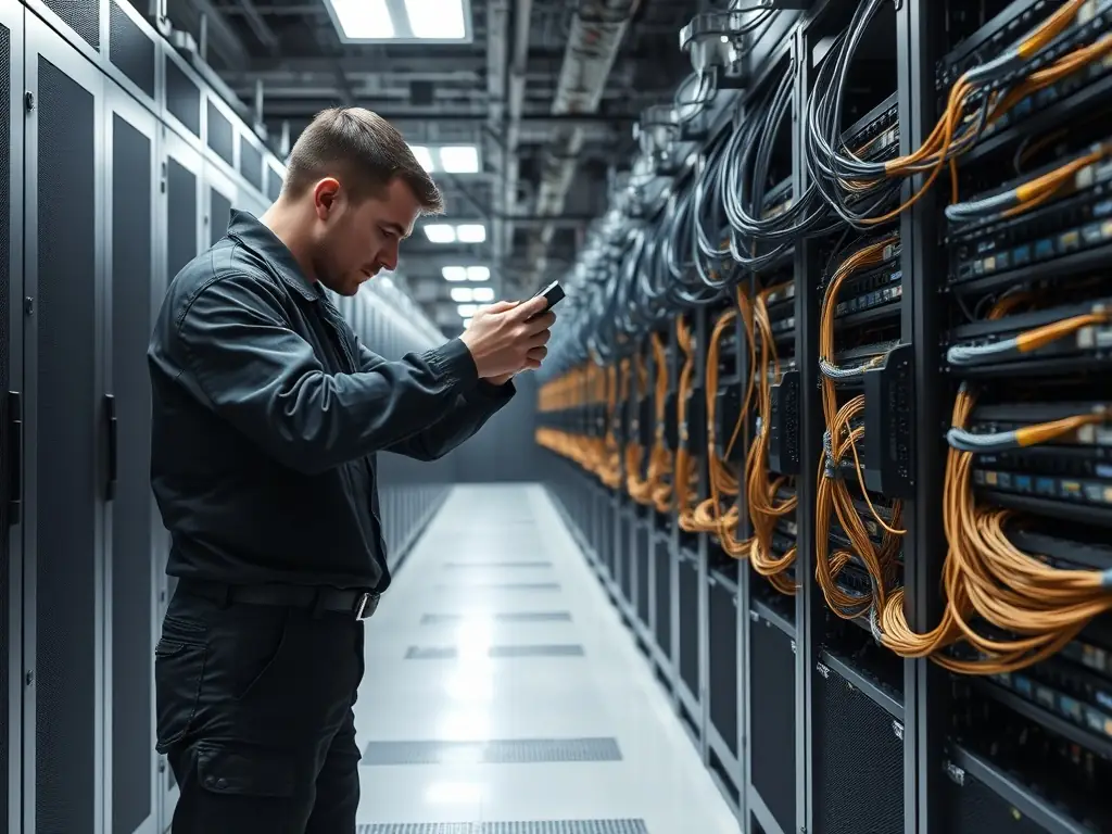 A technician meticulously installing structured cabling in a data center, ensuring clean and organized cable management.