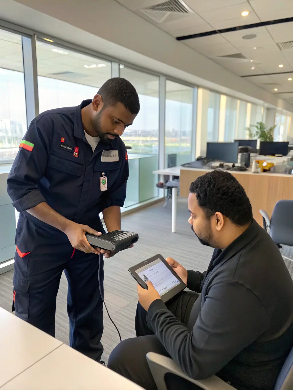 A technician responding to an urgent service request, emphasizing DataTel 360 Tech's rapid response times.