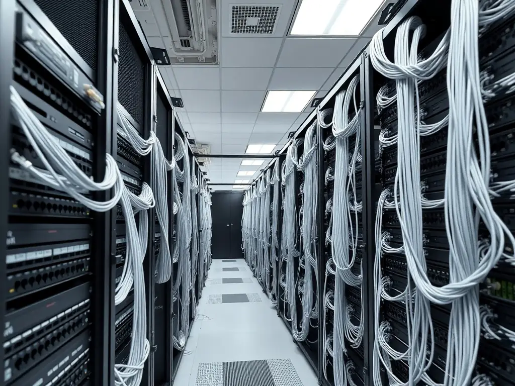 A high-angle shot of a technician meticulously labeling cables in a server room, showcasing the design-first approach of DataTel 360 Tech.