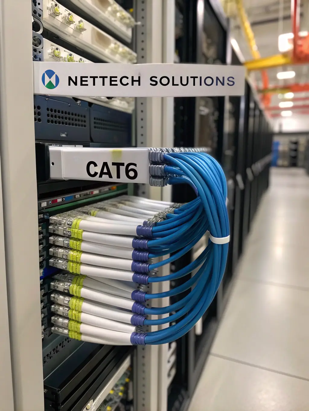 A close-up shot of neatly organized and labeled structured cabling in a server room, highlighting the precision and attention to detail in DataTel 360 Tech's installations.