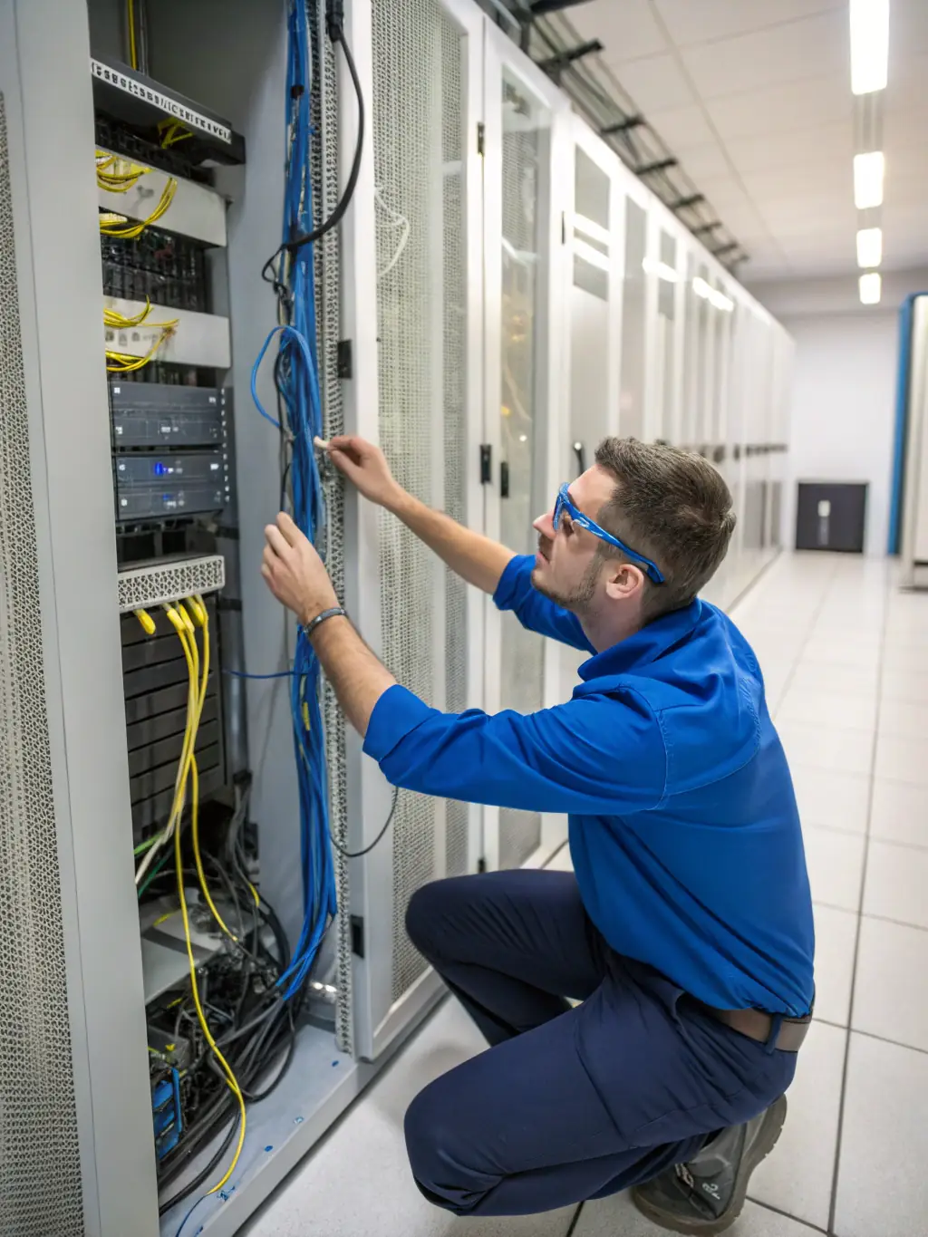 A technician meticulously installing structured cabling in a well-organized server room, highlighting DataTel 360 Tech's expertise in creating reliable network infrastructures.