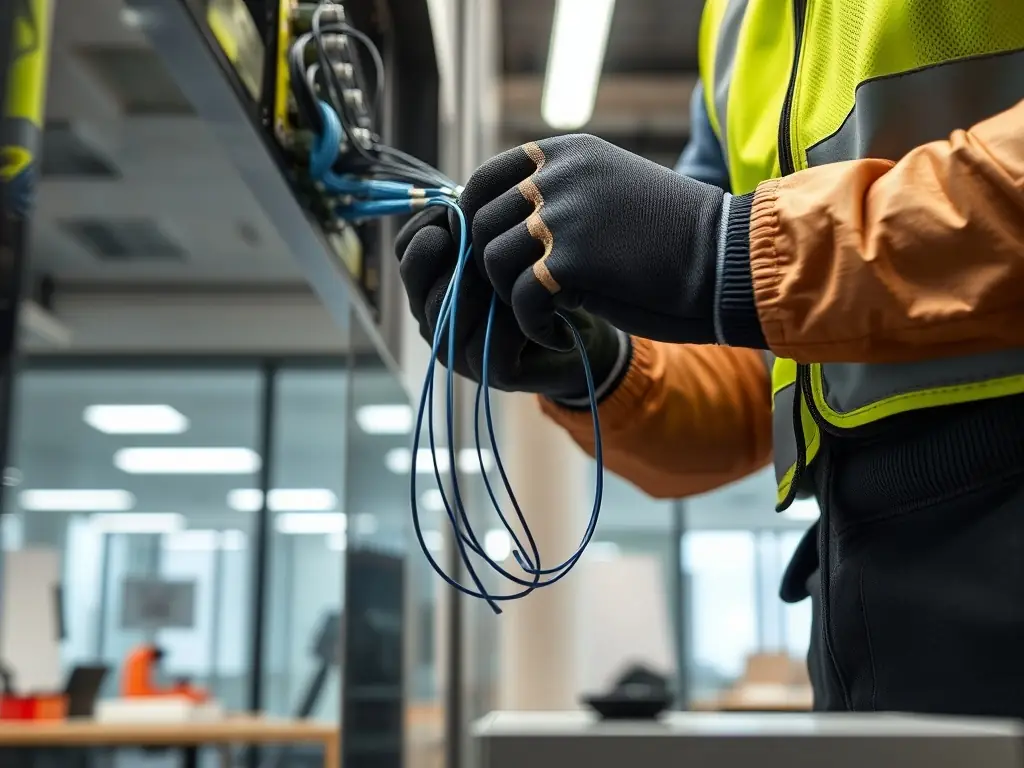 A close-up image of a certified technician using specialized equipment to test fiber optic cables, highlighting the certified systems used by DataTel 360 Tech.