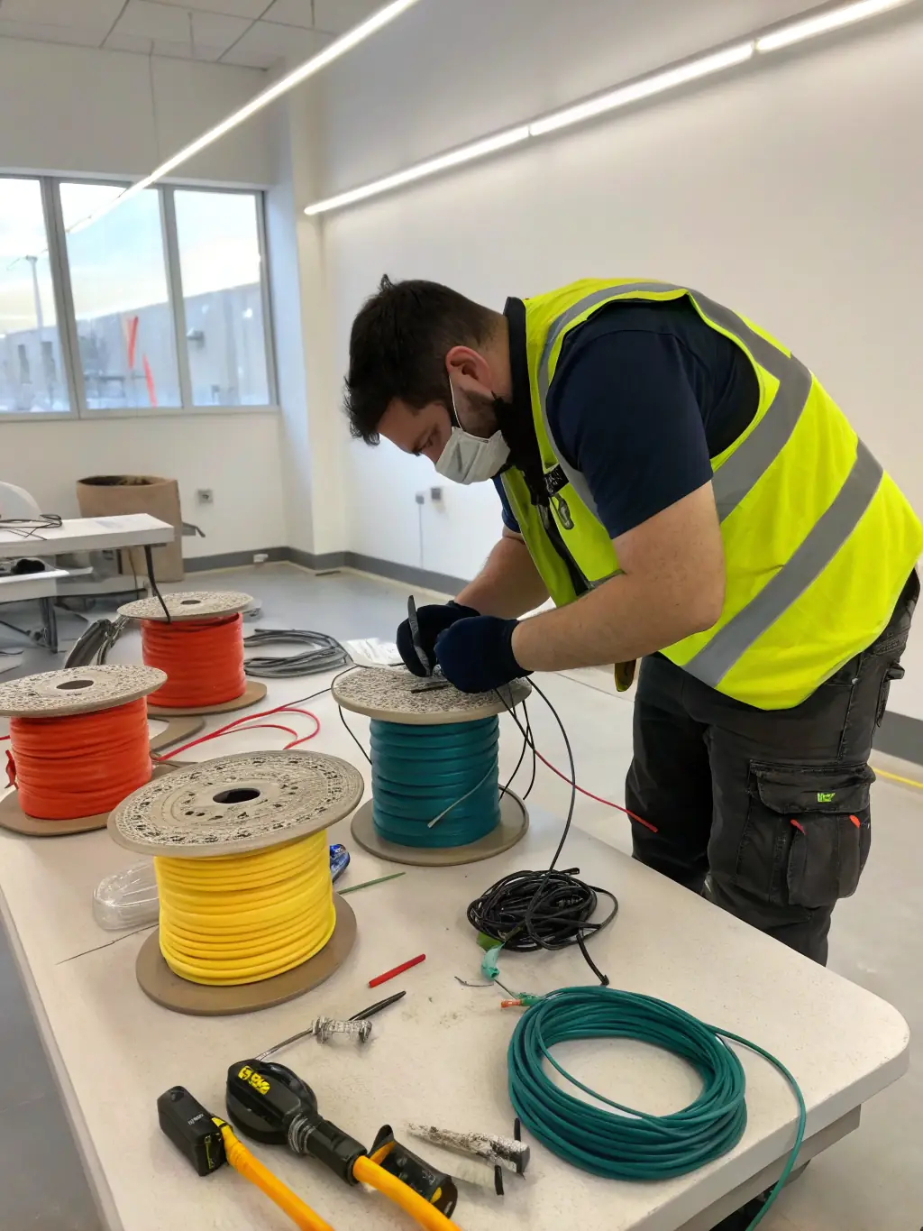 A close-up shot of a technician expertly splicing fiber optic cables in a data center, showcasing DataTel 360 Tech's precision and expertise in fiber optic installations.
