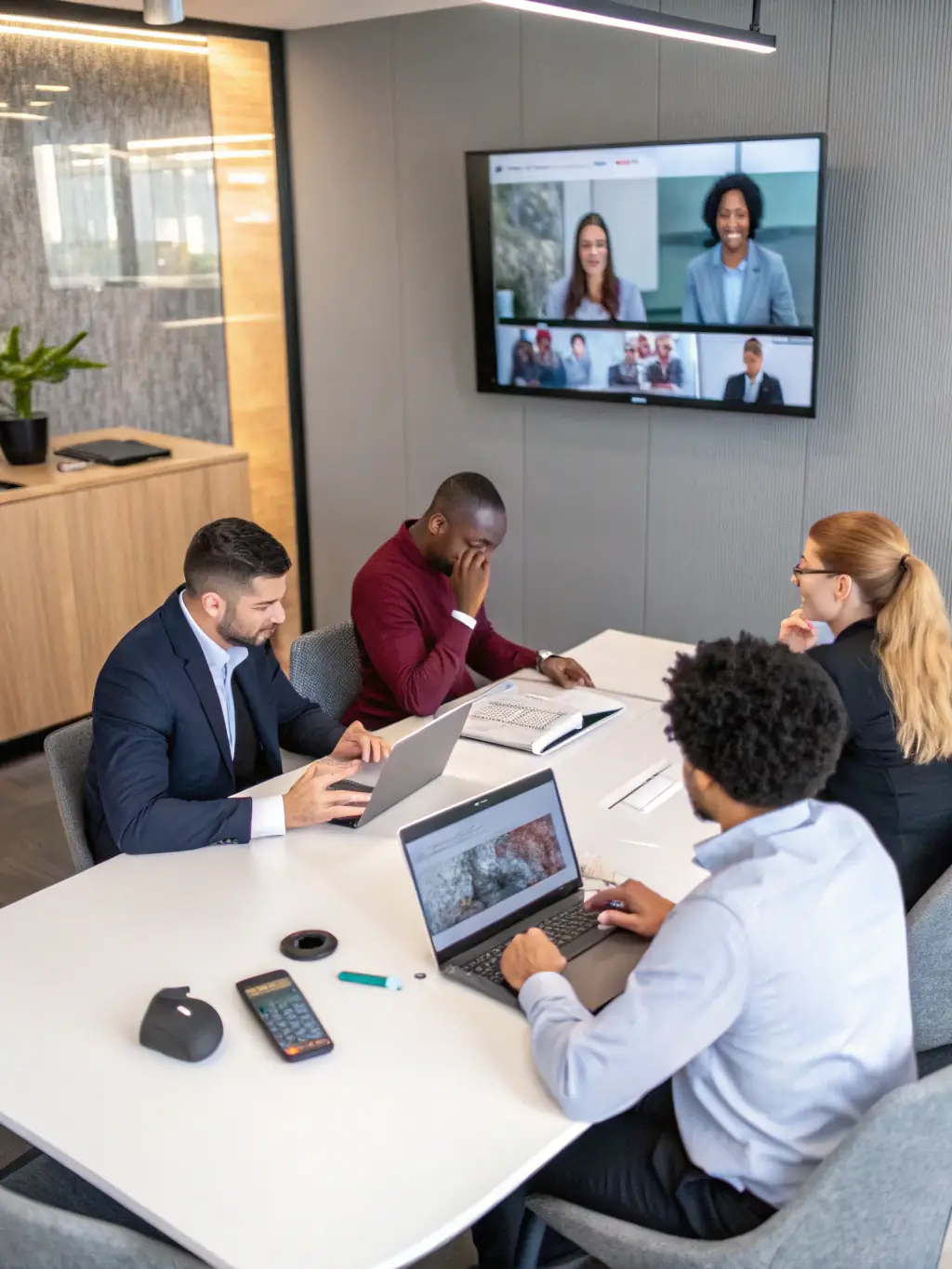 A modern office environment showcasing a business team using VoIP phones, illustrating DataTel 360 Tech's ability to provide seamless and scalable voice communication solutions.