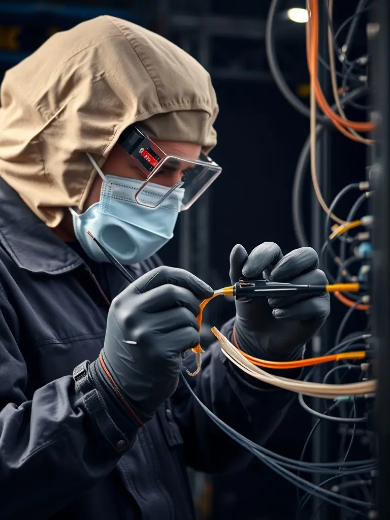 A technician carefully splicing fiber optic cables, showcasing the expertise and precision involved in DataTel 360 Tech's fiber optic installations.