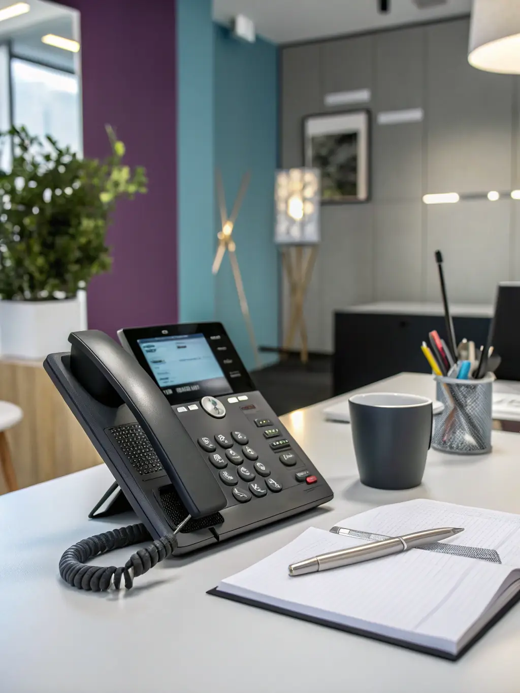 A modern office environment with VoIP phones in use, illustrating the clear communication and enhanced productivity enabled by DataTel 360 Tech's VoIP systems.