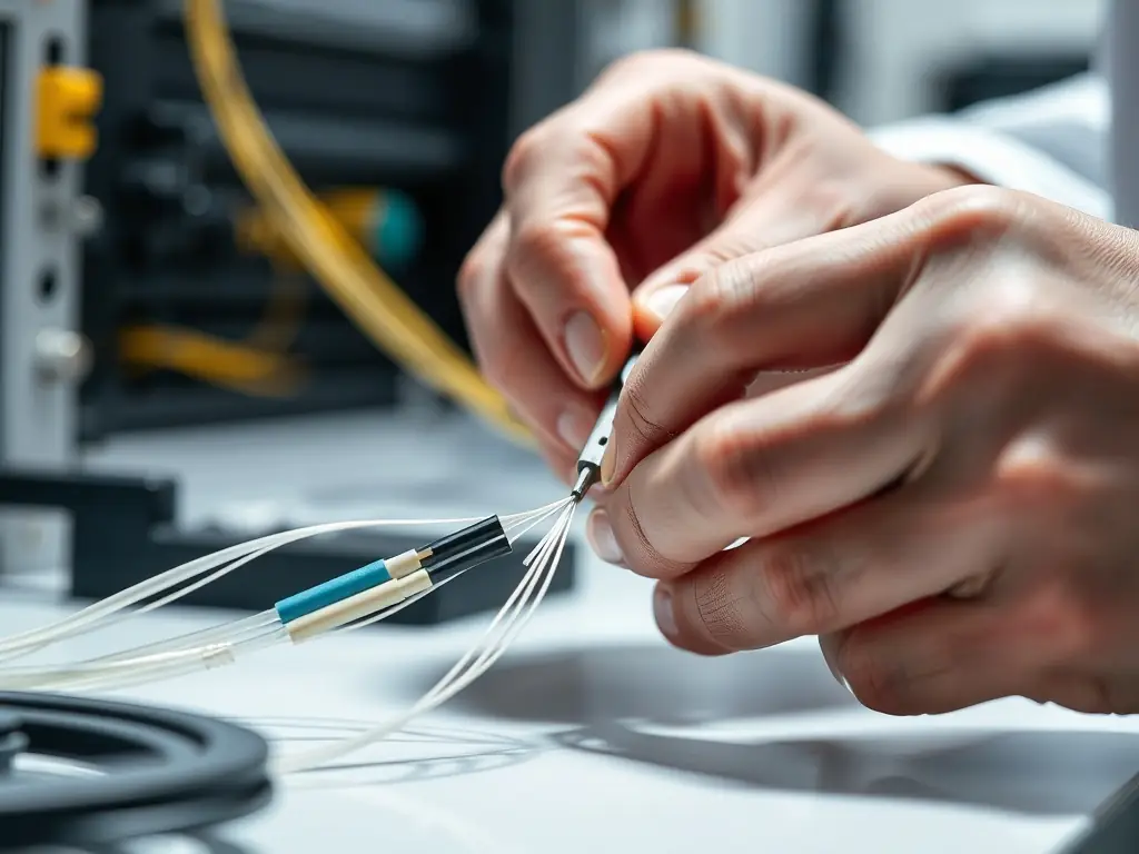 A close-up image of a fiber optic cable being spliced with precision, highlighting the advanced technology and expertise involved in fiber optic installation.