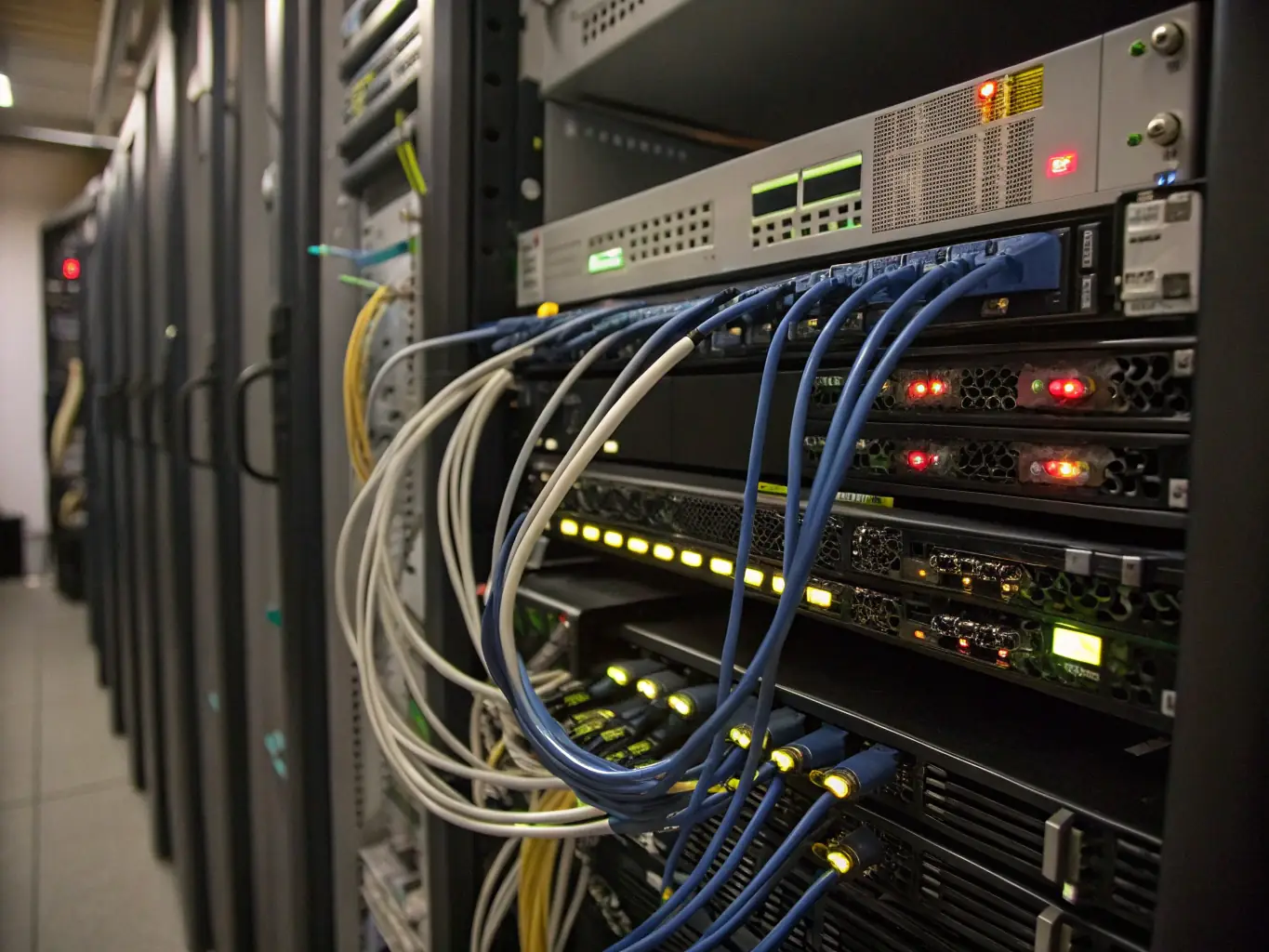 A close-up shot of perfectly organized and labeled network cables in a server room, highlighting the clean craftsmanship of DataTel 360 Tech's cabling services. The cables are neatly bundled and routed, demonstrating attention to detail and adherence to industry standards.