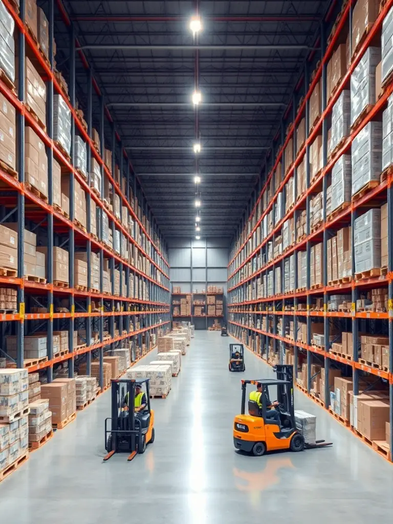 A large warehouse with forklifts and workers using handheld devices, emphasizing DataTel360.tech's solutions for warehouse IT infrastructure.