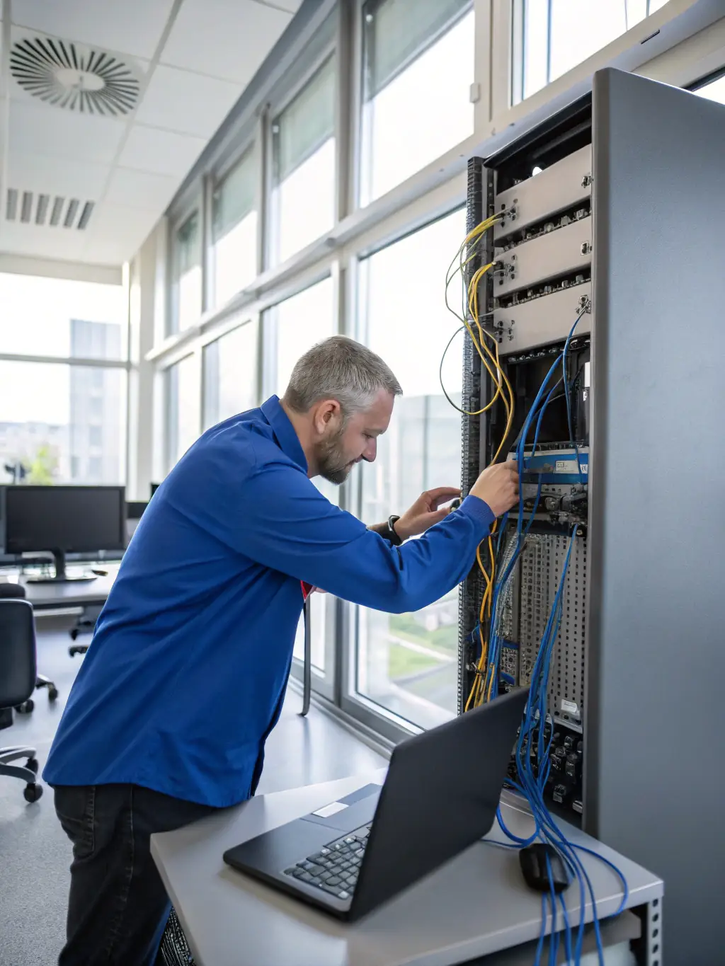 Technician working onsite, installing or troubleshooting network hardware in an office environment for DataTel360.tech's Smart Hands Services.