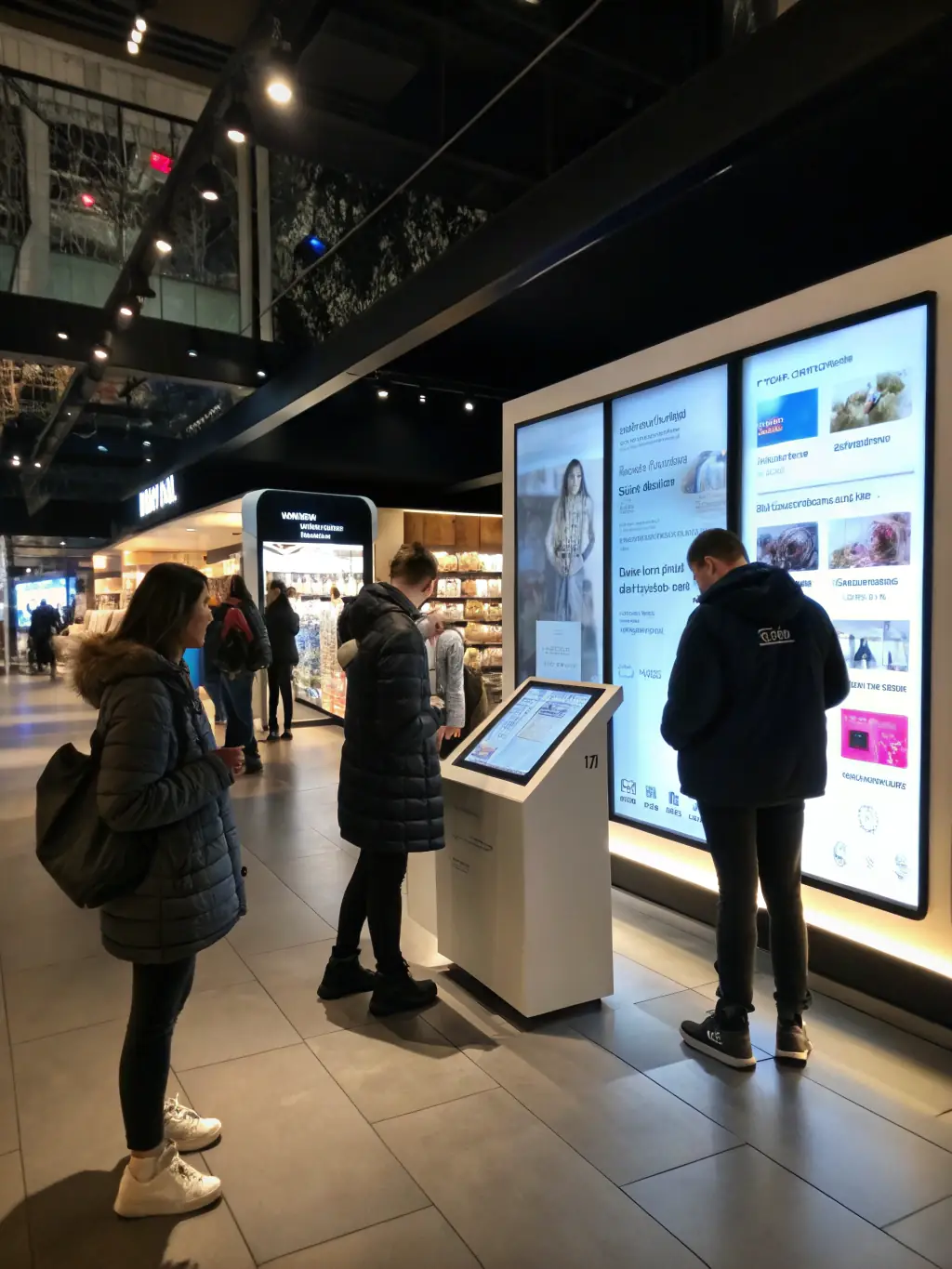 A brightly lit modern retail store with multiple point-of-sale systems and digital displays, showcasing DataTel360.tech's IT solutions for retail environments.