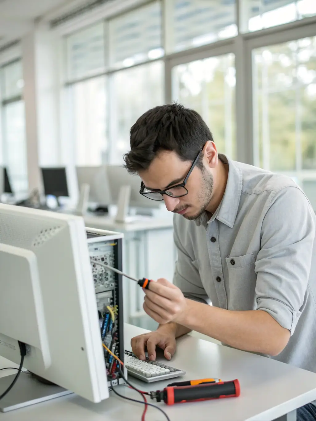 A technician quickly responding to an IT issue in an office environment, showcasing the fast response times of DataTel360.tech.